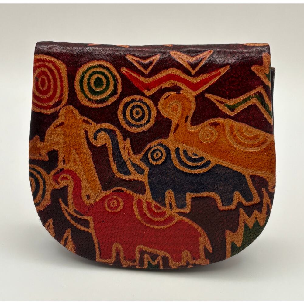 Vintage Hand Tooled Leather Coin Purse Boho Tribal Animal‎ Art Snap Pouch